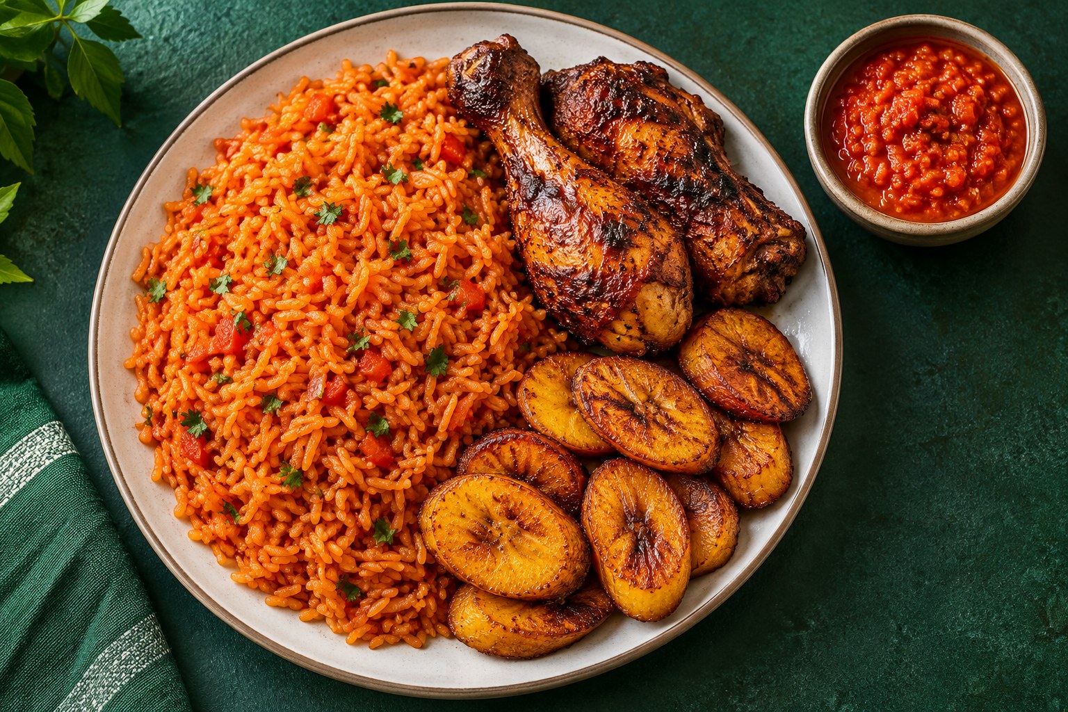Nigerian jollof rice with grilled chicken and fried plantain